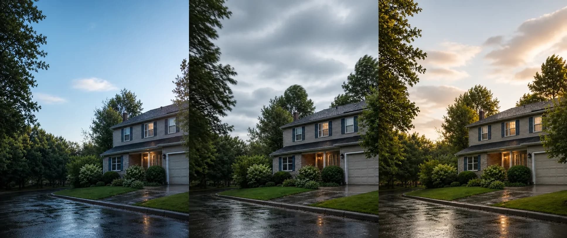 The same ordinary home shown across present-day, near-term weather, and longer-term climate horizons