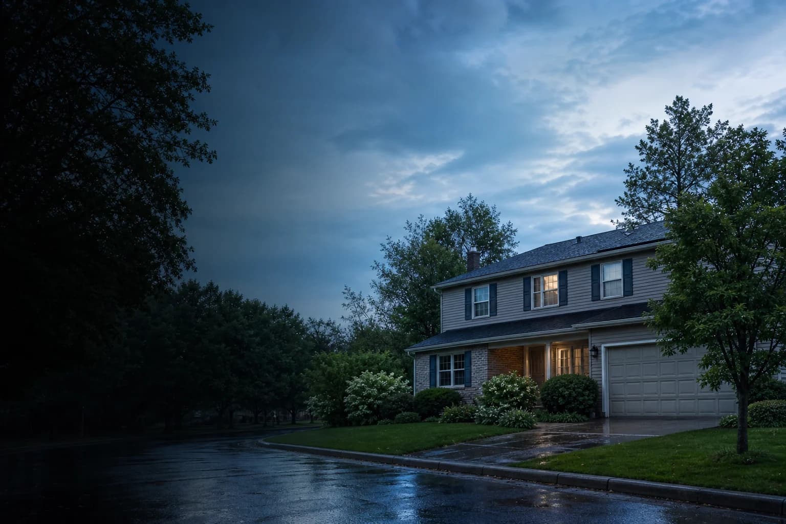 An ordinary home after rainfall beneath a clearing blue-grey sky